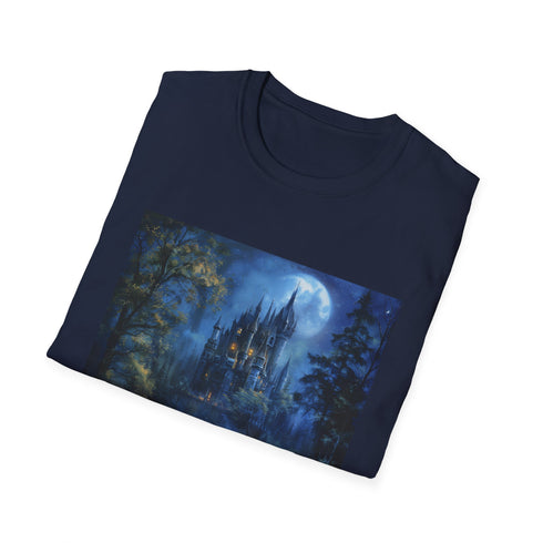 Moonlit castle charcoal cotton T-shirt with enchanting forest graphic design