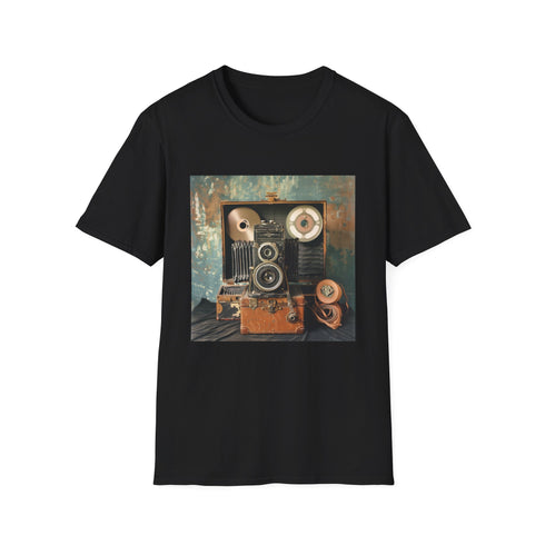 Vintage camera graphic charcoal t-shirt in soft breathable cotton fabric
