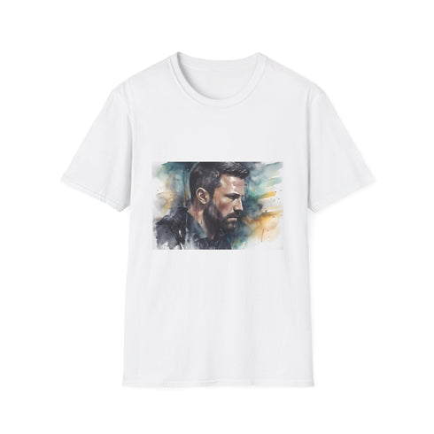 Watercolor Batman graphic on charcoal cotton crew neck t-shirt