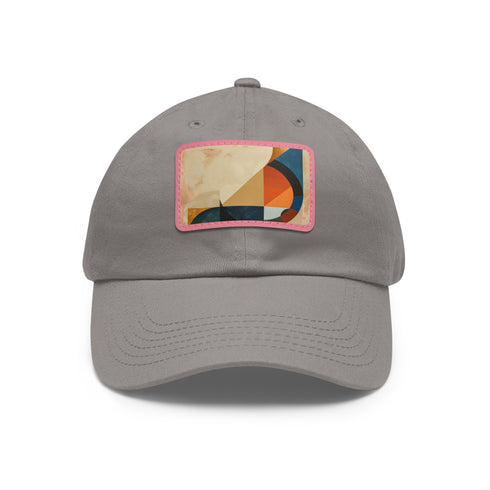 Abstract geo print white cap with light brown patch for a modern touch.
