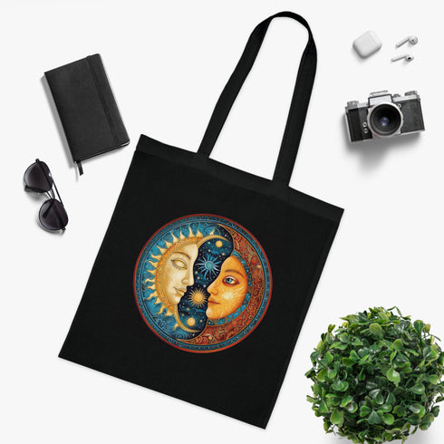 Day & Night Mandala Tote Bag in Black Cotton with Sun and Moon Design.