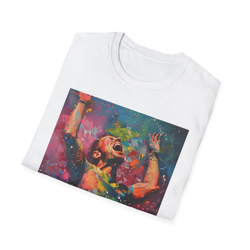 Charcoal cotton crew neck T-shirt showcasing vibrant Coldplay portrait design