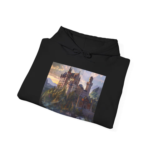 Mystical castle navy hoodie with enchanting castle illustration.