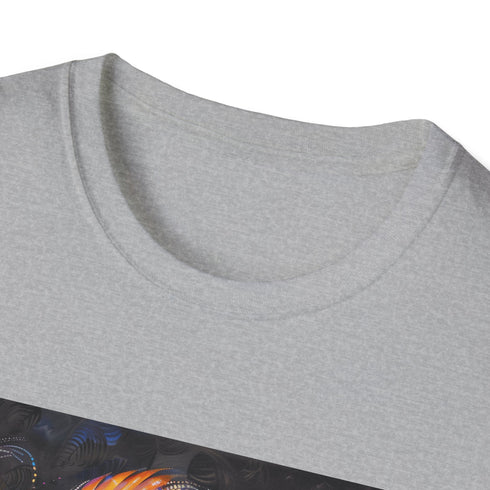 Charcoal cotton t-shirt with bohemian feather design for summer adventures