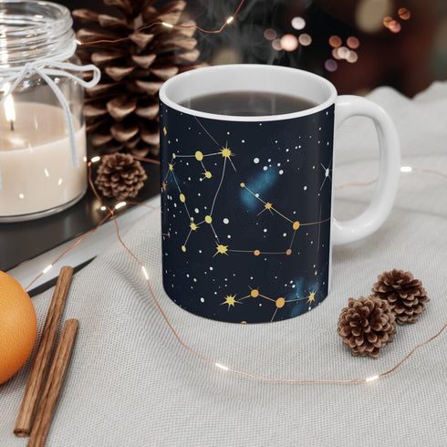 Celestial pattern ceramic coffee mug with night sky design, 11oz.