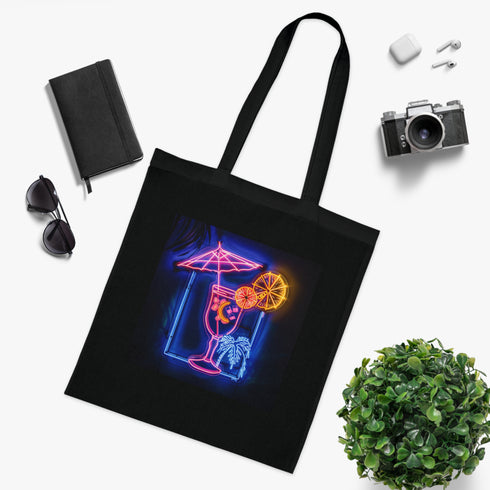 Cocktail Glow Tote Bag, Cotton Black Neon Sign Tote Shoulder Accessory