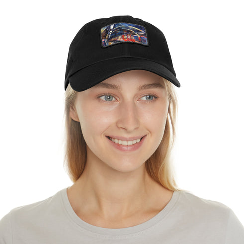 London Underground watercolor baseball cap in white with light brown rectangle patch.