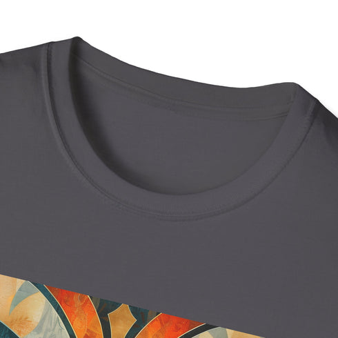 Charcoal cotton t-shirt with vibrant abstract art deco patterns