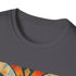 Charcoal cotton t-shirt with vibrant abstract art deco patterns