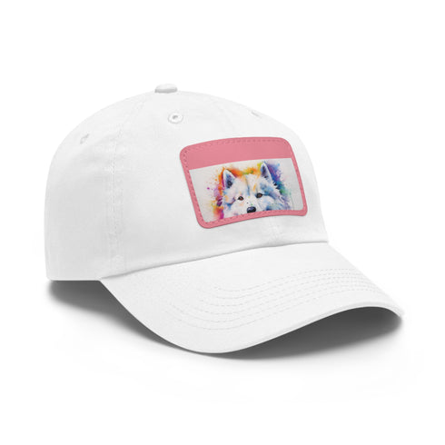 Fluffy Samoyed Snapback hat in white with light brown patch.