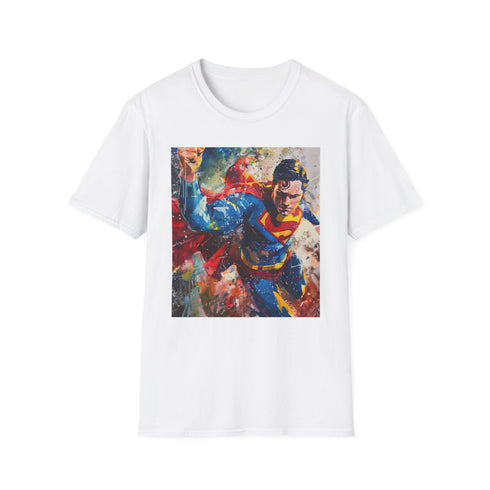 Charcoal crew neck T-shirt with vibrant Superman portrait in bold brushstrokes