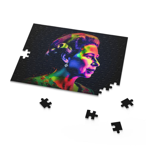 Vibrant neon puzzle of young Queen Elizabeth portrait in watercolor (120 pcs)
