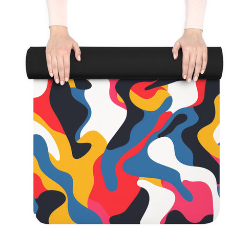 Vibrant abstract rubber yoga mat for balancing poses and meditation.