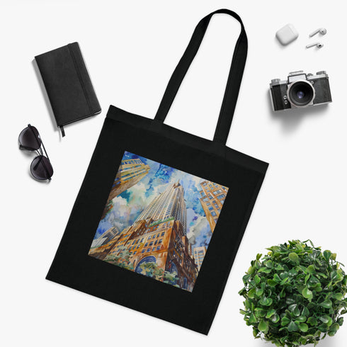 Chrysler Building Watercolor Skyline Tote Bag in Black Cotton.