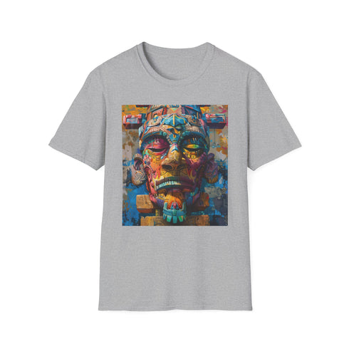 Neon Tribe Mask Painting charcoal T-shirt featuring vivid tribal art design