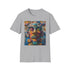 Neon Tribe Mask Painting charcoal T-shirt featuring vivid tribal art design