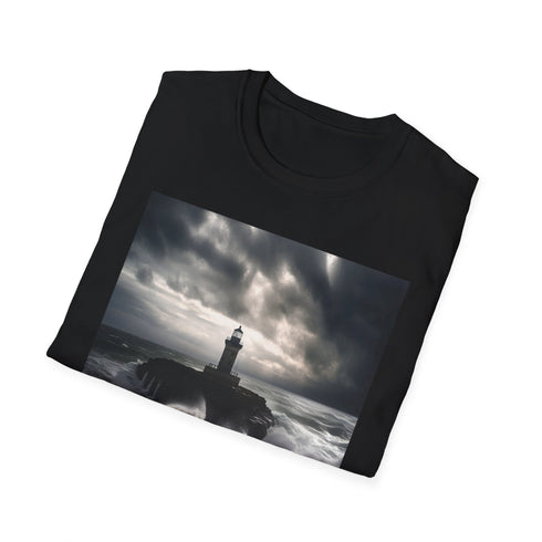 Charcoal cotton crew neck T-shirt with resilient lighthouse wave design