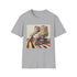 Retro roller skate themed charcoal t-shirt with colorful stripes for men and women.