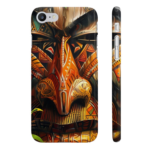 Fijian mask phone case with vibrant colors, glossy finish.