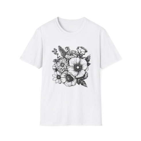 Hand-drawn floral charcoal T-shirt with vibrant botanical details cotton crew neck