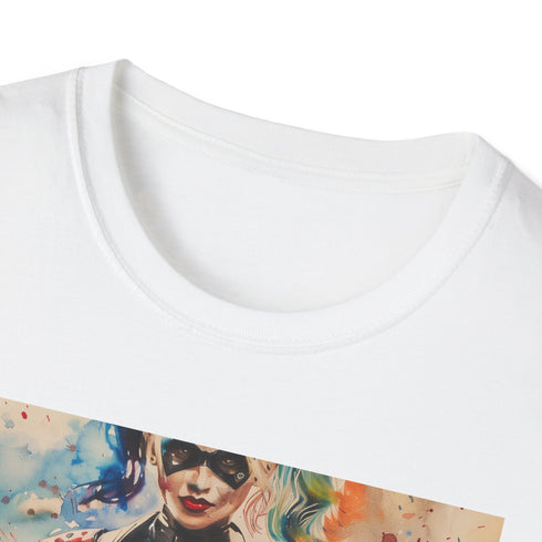 Charcoal cotton T-shirt featuring vibrant Harley Quinn graphic and crew neck design