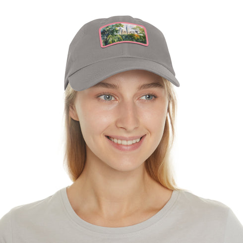 Central Park skyline watercolor baseball cap, white with light brown patch.