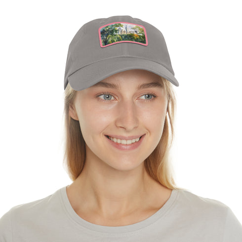 Central Park skyline watercolor baseball cap in white with light brown patch.