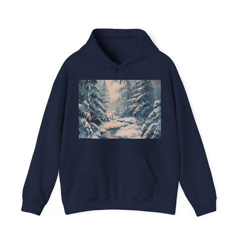 Winter Serene Hoodie in Navy, size S, snowy landscape illustration.