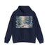 Winter Serene Hoodie in Navy, size S, snowy landscape illustration.