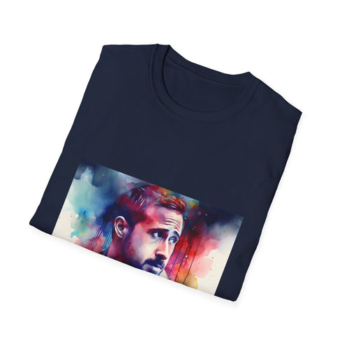 Charcoal cotton crew neck T-shirt with vibrant watercolor and neon pattern