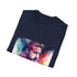 Charcoal cotton crew neck T-shirt with vibrant watercolor and neon pattern