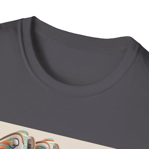 Retro roller skate themed charcoal t-shirt with colorful stripes for men and women.