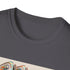 Retro roller skate themed charcoal t-shirt with colorful stripes for men and women.