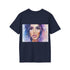 Charcoal watercolor tee showcasing vibrant design on a cotton crew neck