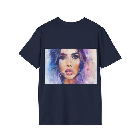 Charcoal cotton crew neck tee with vibrant watercolor design