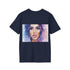 Charcoal cotton crew neck tee with vibrant watercolor design