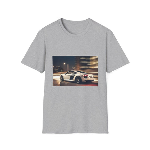 Charcoal cotton T-shirt featuring vibrant high-octane Audi R8 race car design
