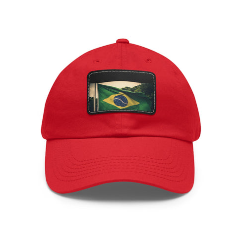 Brasilian pride flag baseball cap with white/light brown rectangle patch.