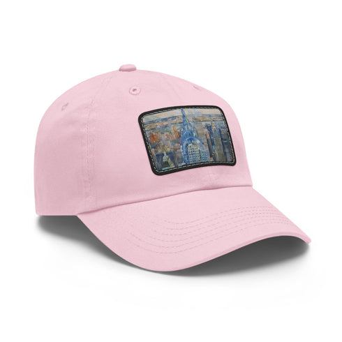 Chrysler Cityscape Watercolor Baseball Cap in white with light brown patch.