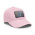 White Chrysler Cityscape Watercolor Baseball Cap with Light Brown Patch.