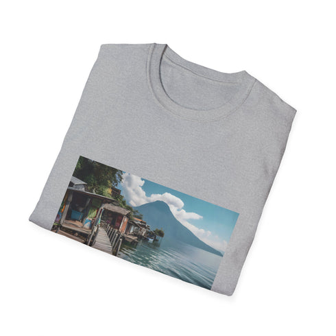 Charcoal cotton T-shirt featuring serene Lake Atitlan tapestry design