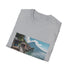 Charcoal cotton T-shirt featuring serene Lake Atitlan tapestry design