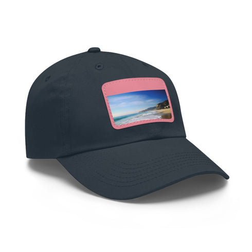 White baseball cap with Malibu beach design, unisex cotton hat.