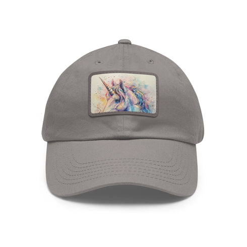 Magical watercolor unicorn cotton hat in white with light brown patch.