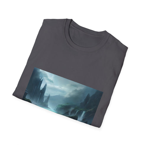 Charcoal cotton T-shirt with fantasy landscape graphic crew neck regular fit