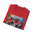 Charcoal crew neck t-shirt with vibrant urban art design