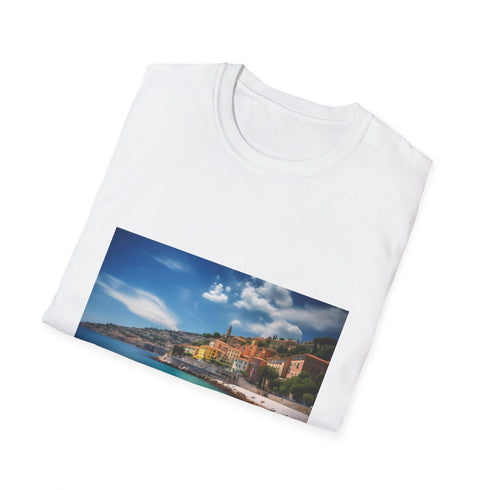 Charcoal cotton crew neck T-shirt with Azure Shores summer design