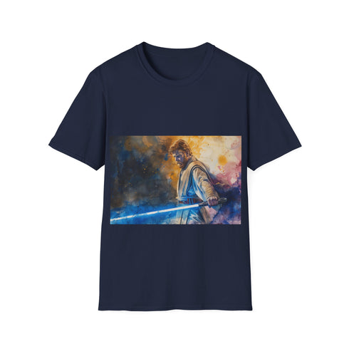 Blue lightsaber printed cotton tee, summer Jedi fashion staple.