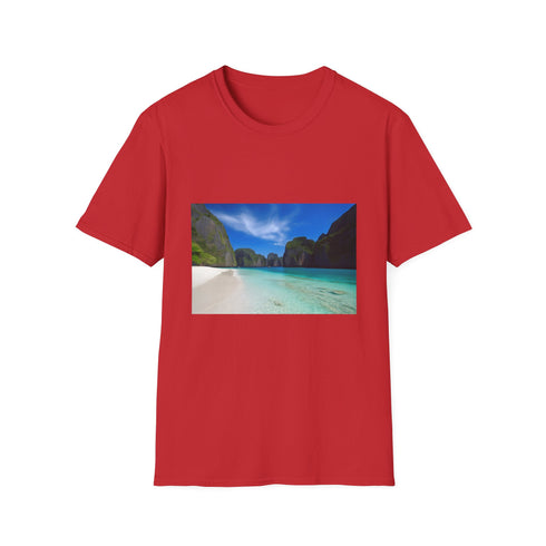 Charcoal crew neck T-shirt with Azure Paradise tropical sea design