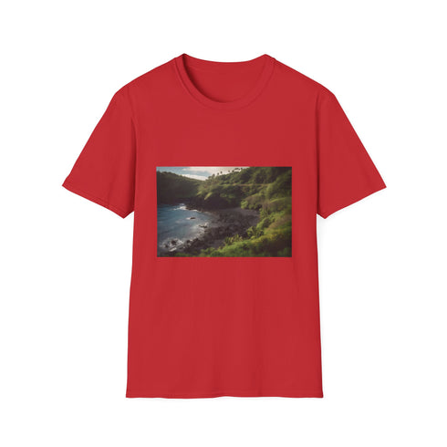 Charcoal cotton crew neck T-shirt with vibrant Maui nature-themed design